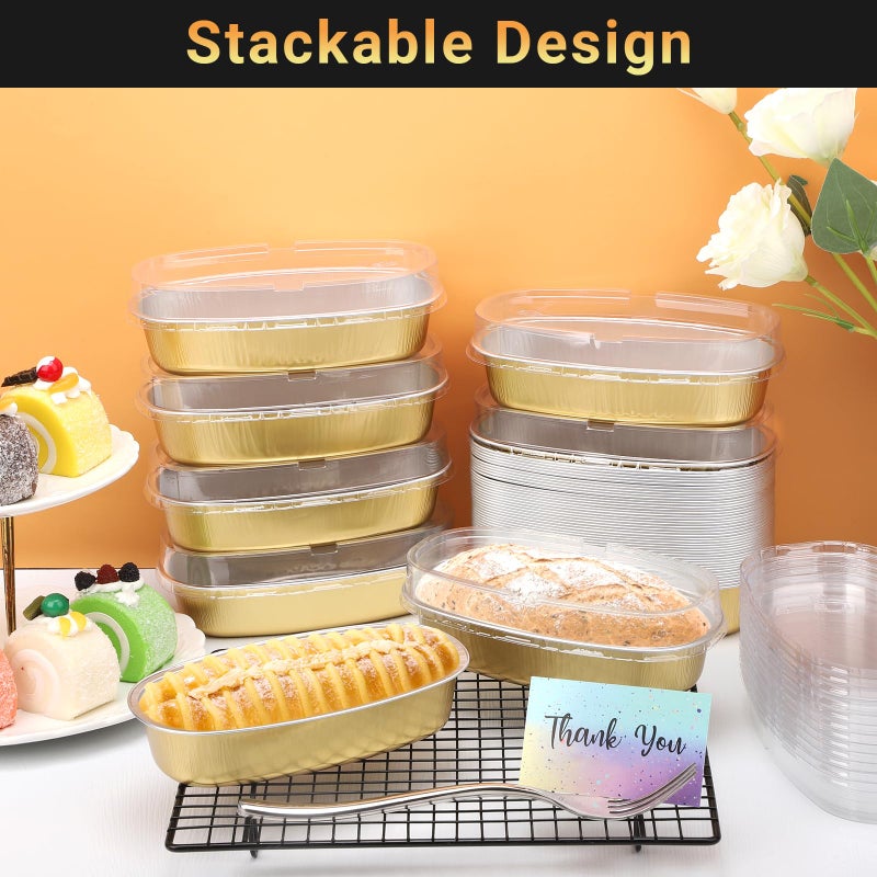 Beasea 6 Inch Oval Cheesecake Pan, 50 Pack With Lids - Golden Disposable Mini Bread Loaf Pans, Ellipse Aluminum Bakeware for Oven Baking - Image 5